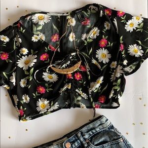Black Floral Drawstring Crop Top
